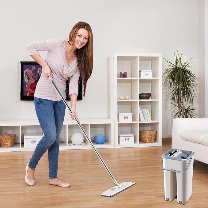 2-in-1 Scratch Mop with Self-Cleaning Bucket ? Wash & Dry Hands-Free Flat Mop