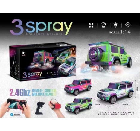 2.4GHz remote-controlled car featuring lights, music, and a triple-spray system (two sprays from the sides of the rear wheels plus one from the rear); controllable via remote or smartphone.