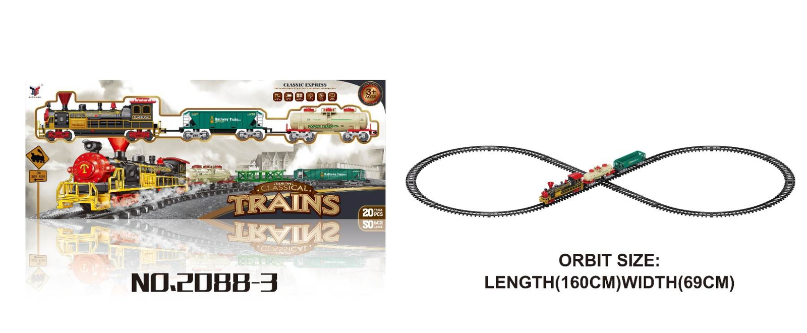 Electric lights, the sound of a train, and a classic steam locomotive.